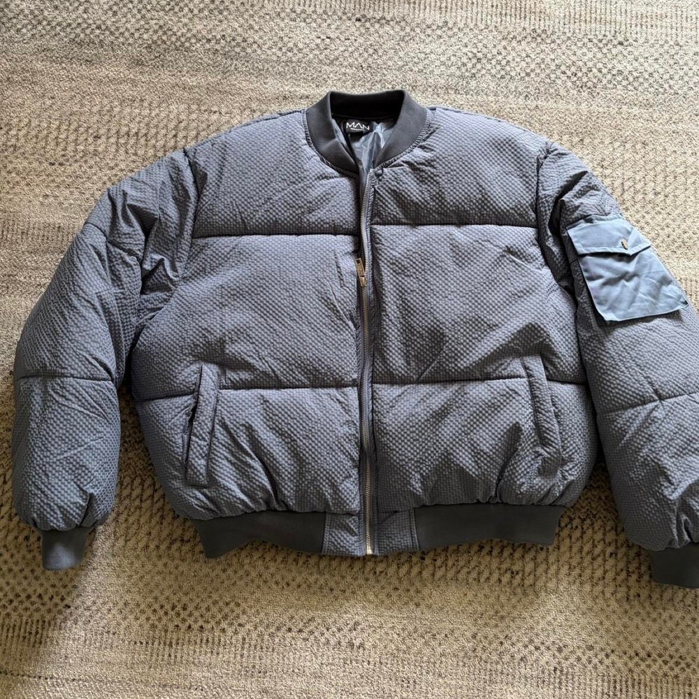 Boohooman grey puffer jacket textured pattern pocket civic Lg